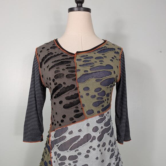 Vintage Tunic Top Patchwork Green Black Lagenlook Artsy Distressed Stripe Orange - Picture 4 of 12